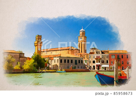 Watercolor drawing of Murano islands cityscape with clock tower Torre dell'Orologio, San Pietro Martire church building, water canal, boats 85958673