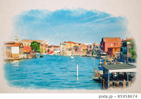 Watercolor drawing of Murano islands water canal with Santa Maria degli Angeli church, boats and motor boats, traditional buildings, Venetian Lagoon 85958674