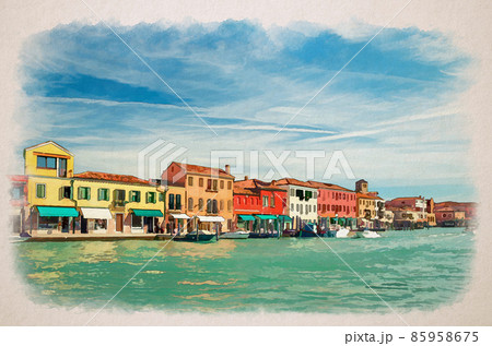 Watercolor drawing of Murano islands water canal, boats and motor boats, row of colorful traditional buildings, Venetian Lagoon, Province of Venice 85958675