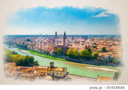 Watercolor drawing of Aerial view of Verona historical city centre, Adige river, church Basilica di Santa Anastasia tower, medieval buildings with red tiled roofs 85958686