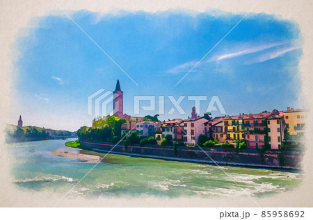 Watercolor drawing of Verona cityscape with buildings on embankment of Adige river, bell tower Campanile di Santa Anastasia Catholic church 85958692