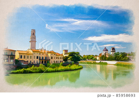 Watercolor drawing of Verona cityscape with buildings on bank of Adige river, San Giorgio in Braida Roman Catholic church and Duomo di Verona bell tower 85958693