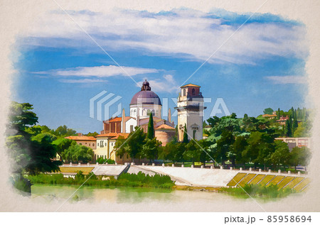 Watercolor drawing of San Giorgio in Braida Roman Catholic church building with brick bell tower Campanile and dome, Adige river bank, Verona city 85958694