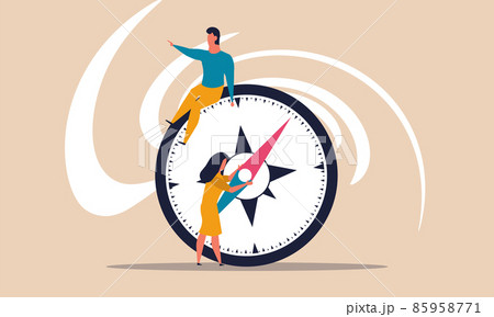 Future young team with compass direction and leader visionary. Woman with man concept business vector illustration. Planning guide people and vision way. Navigation pointer to career. Right target 85958771