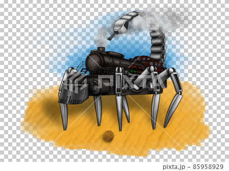 Futuristic scorpion train. Desert, self-propelled heavy equipment. Steam locomotive, steel giant. Futuristic scorpion train. Desert, self-propelled heavy equipment. Steam locomotive, steel giant. 85958929