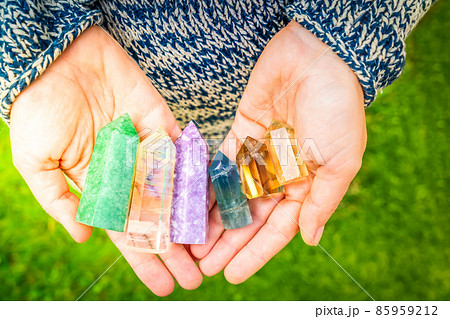 Healing crystals on brown background 85959212