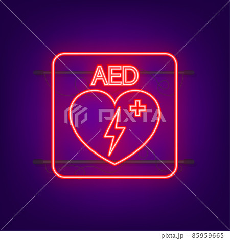 Emergency first aid defibrillator neon sign. White heart icon and white cross icon. Vector stock illustration. 85959665