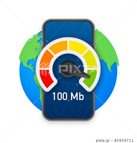 Hand holding smartphone with speed test on the screen. Vector illustration. Hand holding smartphone with speed test on the screen. Vector illustration. 85959711