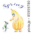 Watercolor postcard with the inscription Spring, snowdrops and cartoon character Pumpkin. 85959780