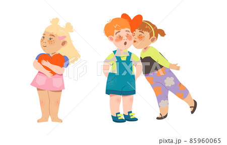 Adorable kids in love set. Cute children holding red heart and kissing cartoon vector illustration 85960065