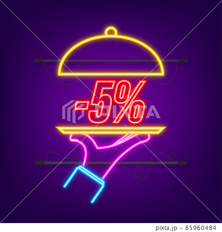 Hand tray - 5 percent discount, great design for any purposes. Neon style. Vector background. Isolated object. 85960484