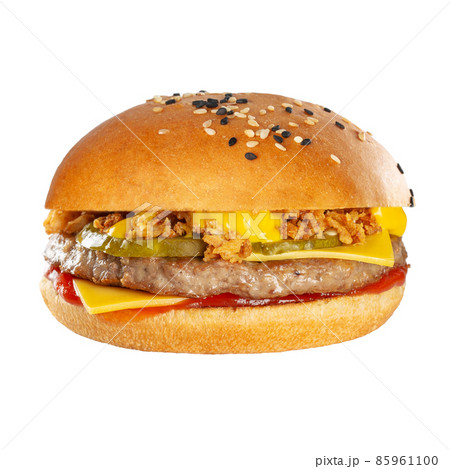 Appetizing burger with beef cutlet. Isolated on white background. Appetizing burger with beef cutlet. Isolated on white background. 85961100
