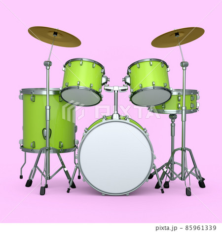 Set of realistic drums with metal cymbals on pink background. 3d render concept of musical percussion instrument, drum machine and drumset Set of realistic drums with metal cymbals on pink background. 3d render concept of musical percussion instrument, drum machine and drumset 85961339