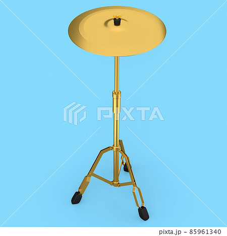 Metal cymbal on a stand on blue background. 3d render concept of musical percussion instrument, drum machine. Metal cymbal on a stand on blue background. 3d render concept of musical percussion instrument, drum machine. 85961340