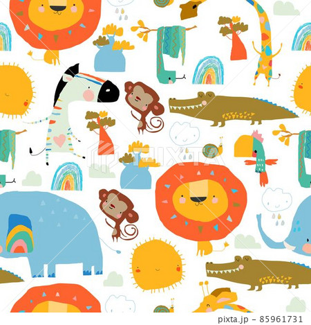 Seamless Pattern with Cartoon Wild Animals on White Background Seamless Pattern with Cartoon Wild Animals on White Background 85961731