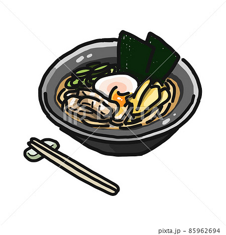 どんぶりに盛り付けられた油そば(汁なしラーメン、まぜそば、まぜ麺)のイラスト。箸が添えられています。 85962694