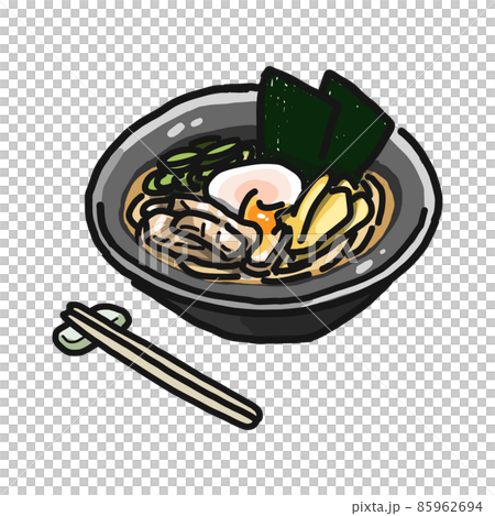どんぶりに盛り付けられた油そば(汁なしラーメン、まぜそば、まぜ麺)のイラスト。箸が添えられています。 85962694
