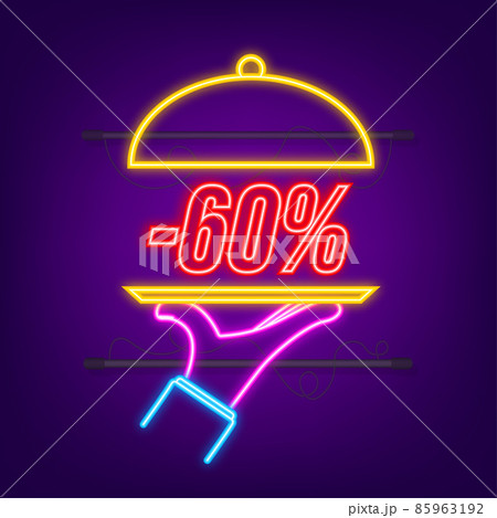 Hand tray - 60 percent discount, great design for any purposes. Neon style. Vector background. Isolated object. 85963192