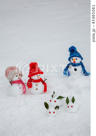 雪うさぎを見つけた雪だるまたち 雪うさぎを見つけた雪だるまたち 85965061