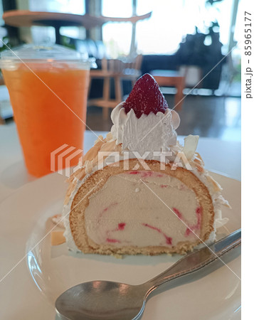 strawberry ice cream cake on white plate strawberry ice cream cake on white plate 85965177