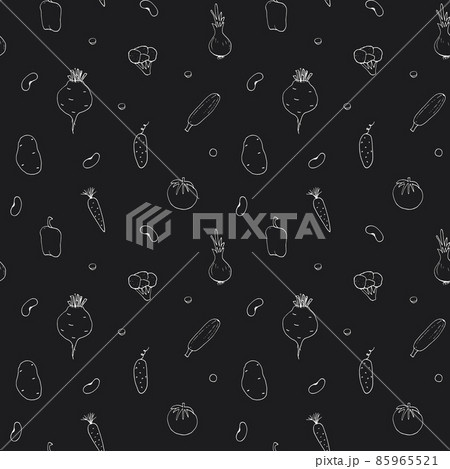 Vegetables seamless pattern. Vegetarian healthy bio food background, Vegan organic eco products pepper, tomato, cucumber, carrot, potato, avocado, beans and peas. Vector illustration 85965521
