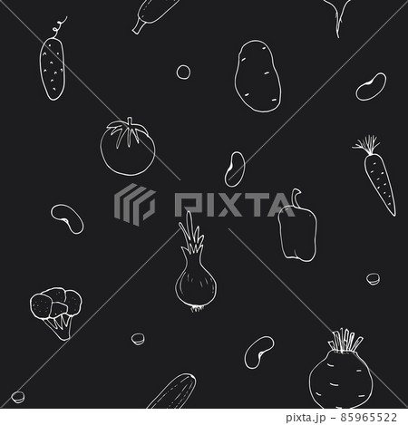 Vegetables seamless pattern. Vegetarian healthy bio food background, Vegan organic eco products pepper, tomato, cucumber, carrot, potato, avocado, beans and peas. Vector illustration 85965522