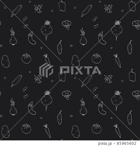 Vegetables seamless pattern. Vegetarian healthy bio food background, Vegan organic eco products pepper, tomato, cucumber, carrot, potato, avocado, beans and peas. Vector illustration Vegetables seamless pattern. Vegetarian healthy bio food background, Vegan organic eco products pepper, tomato, cucumber, carrot, potato, avocado, beans and peas. Vector illustration 85965602