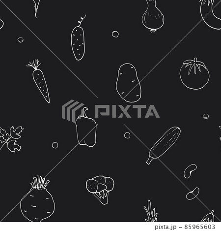 Vegetables seamless pattern. Vegetarian healthy bio food background, Vegan organic eco products pepper, tomato, cucumber, carrot, potato, avocado, beans and peas. Vector illustration Vegetables seamless pattern. Vegetarian healthy bio food background, Vegan organic eco products pepper, tomato, cucumber, carrot, potato, avocado, beans and peas. Vector illustration 85965603
