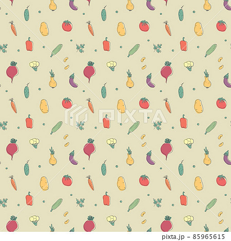 Vegetables seamless pattern. Vegetarian healthy bio food background, Vegan organic eco products pepper, tomato, cucumber, carrot, potato, avocado, beans and peas. Vector illustration 85965615