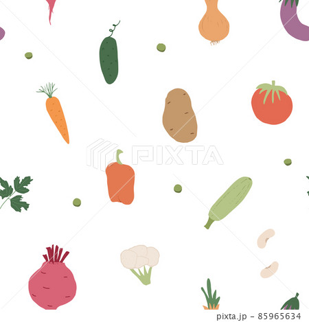 Vegetables seamless pattern. Vegetarian healthy bio food background, Vegan organic eco products pepper, tomato, cucumber, carrot, potato, avocado, beans and peas. Vector illustration Vegetables seamless pattern. Vegetarian healthy bio food background, Vegan organic eco products pepper, tomato, cucumber, carrot, potato, avocado, beans and peas. Vector illustration 85965634