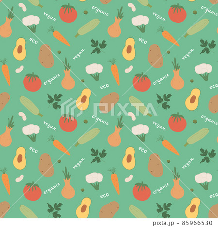Vegetables seamless pattern. Vegetarian healthy bio food background, Vegan organic eco products pepper, tomato, cucumber, carrot, potato, avocado, beans and peas. Vector illustration 85966530