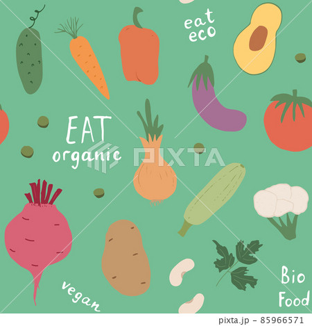 Vegetables seamless pattern. Vegetarian healthy bio food background, Vegan organic eco products pepper, tomato, cucumber, carrot, potato, avocado, beans and peas. Vector illustration 85966571