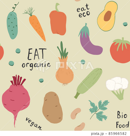 Vegetables seamless pattern. Vegetarian healthy bio food background, Vegan organic eco products pepper, tomato, cucumber, carrot, potato, avocado, beans and peas. Vector illustration Vegetables seamless pattern. Vegetarian healthy bio food background, Vegan organic eco products pepper, tomato, cucumber, carrot, potato, avocado, beans and peas. Vector illustration 85966582