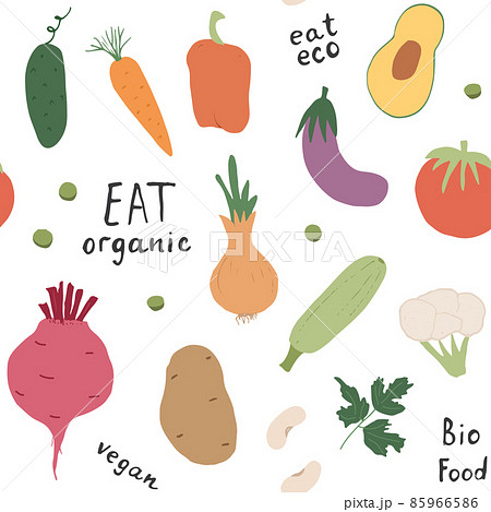 Vegetables seamless pattern. Vegetarian healthy bio food background, Vegan organic eco products pepper, tomato, cucumber, carrot, potato, avocado, beans and peas. Vector illustration 85966586