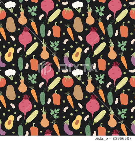 Vegetables seamless pattern. Vegetarian healthy bio food background, Vegan organic eco products pepper, tomato, cucumber, carrot, potato, avocado, beans and peas. Vector illustration 85966607