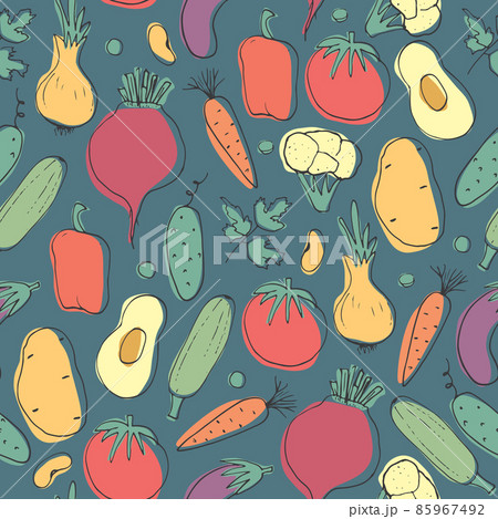 Vegetables seamless pattern. Vegetarian healthy bio food background, Vegan organic eco products pepper, tomato, cucumber, carrot, potato, avocado, beans and peas. Vector illustration 85967492