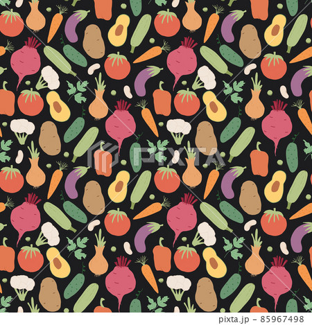 Vegetables seamless pattern. Vegetarian healthy bio food background, Vegan organic eco products pepper, tomato, cucumber, carrot, potato, avocado, beans and peas. Vector illustration Vegetables seamless pattern. Vegetarian healthy bio food background, Vegan organic eco products pepper, tomato, cucumber, carrot, potato, avocado, beans and peas. Vector illustration 85967498