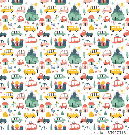 Cute Cars Seamless Pattern, Cartoon transportation Doodles Background, vector Illustration 85967518