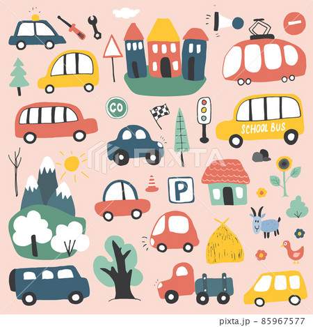 Cars Cartoon Set. Cute transport Doodles collection, vector illustration Cars Cartoon Set. Cute transport Doodles collection, vector illustration 85967577