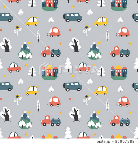Cute Cars Seamless Pattern, Cartoon transportation Doodles Background, vector Illustration 85967588