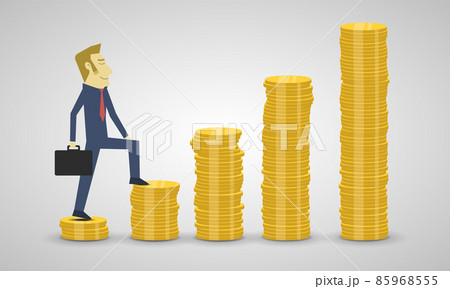 Business man walks up on stack of coins rising - concept of money growth and investment Business man walks up on stack of coins rising - concept of money growth and investment 85968555