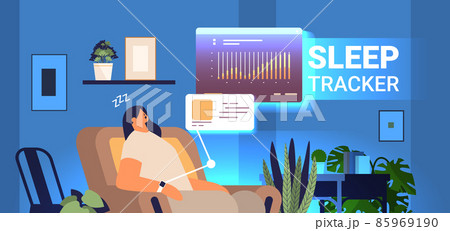 tired woman with electronic smart watch app tracker on hand sleeping in armchair quality and quantity sleep control 85969190
