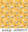 動物園の生き物たちのシームレスパターン　動物柄テキスタイル　手描き水彩イラスト背景素材 85969573