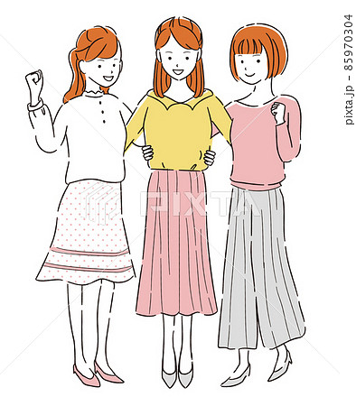 手書き線画カラーイラスト 3人の女学生 私服 ガッツポーズのイラスト素材