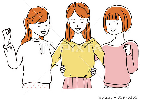 手書き線画カラーイラスト 3人の女学生 私服 ガッツポーズ 上半身 手書き線画カラーイラスト 3人の女学生 私服 ガッツポーズ 上半身 85970305
