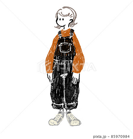 秋冬ファッションの女性手描きイラスト オーバーオールのイラスト素材