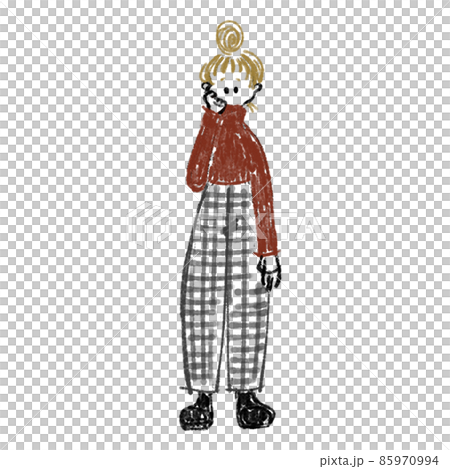 秋冬ファッションの女性手描きイラスト　チェックパンツ 85970994