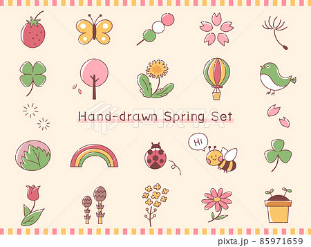 春　手描き　イラスト　セット　桜　いちご　蝶々　蝶　つくし　チューリップ　桜餅　たんぽぽ　気球　団子 85971659