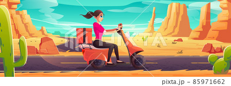Young woman ride scooter, girl driver traveling Young woman ride scooter, girl driver traveling 85971662