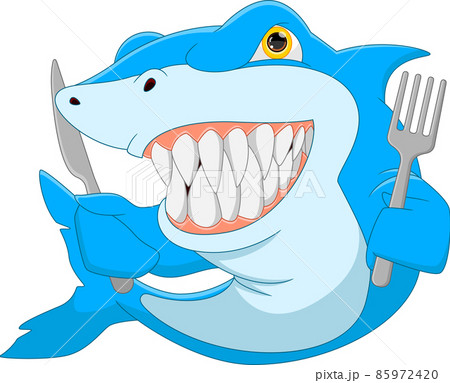 cartoon cute shark holding cutlery cartoon cute shark holding cutlery 85972420
